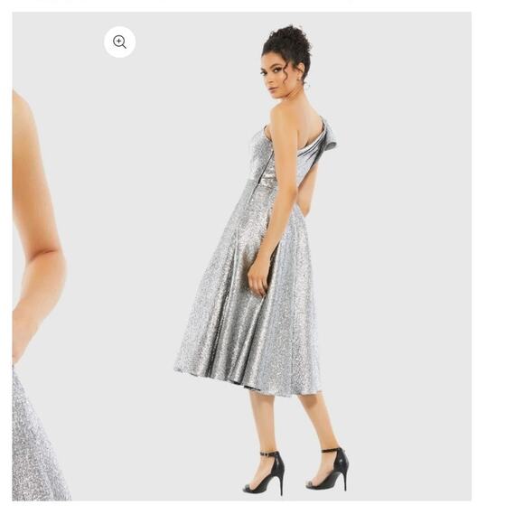 Mac Duggal 67906 Silver 8 One Shoulder Brocade Bow Midi Dress Evening Metallic - Picture 9 of 10